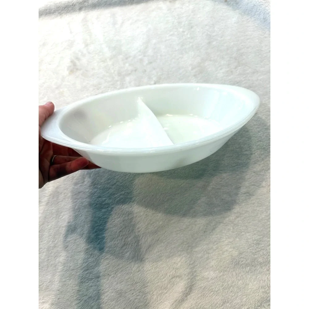 Vintage Glasbake White Milk Glass Divided Oval Casserole Dish J2352 USA Made